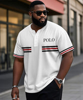 Men's Plus Size Daily Casual White Striped Alphabet Print Henry Collar Button Short Sleeve T-Shirt